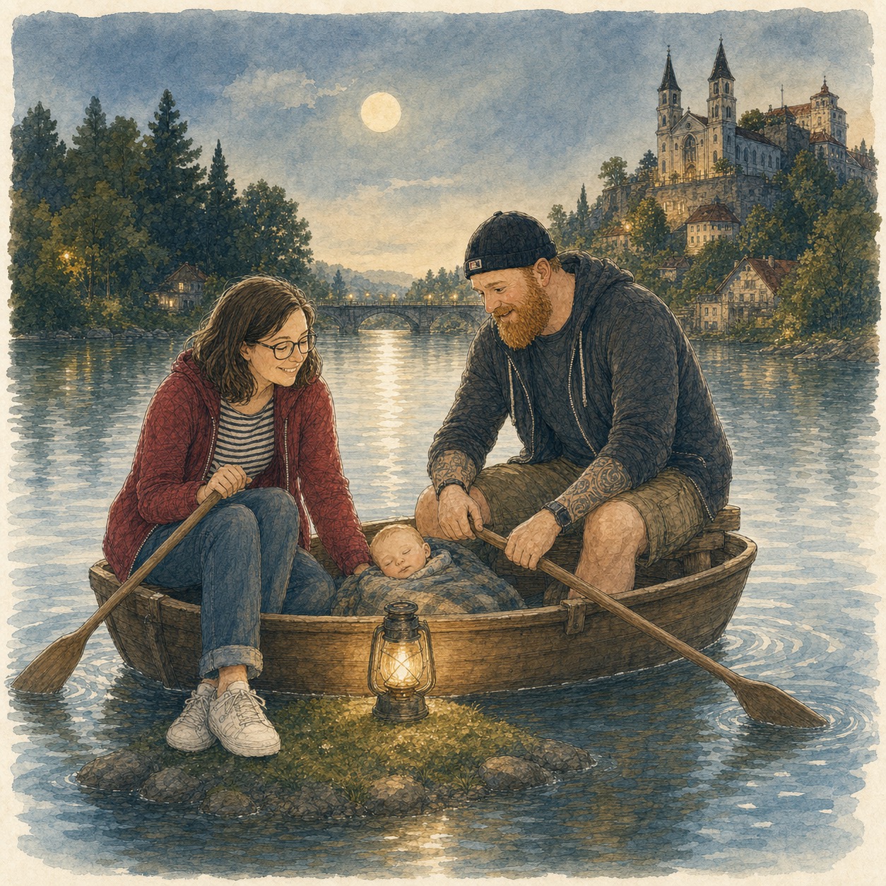 A generated illustration with awkward knees and an impossible seating position in the boat