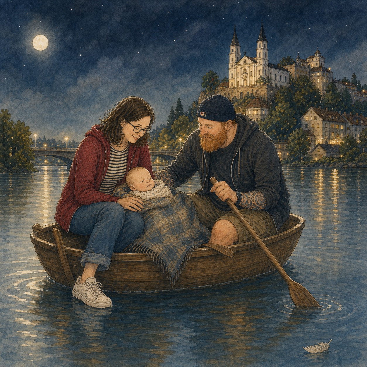 A generated boat scene with the woman's leg hanging over the side