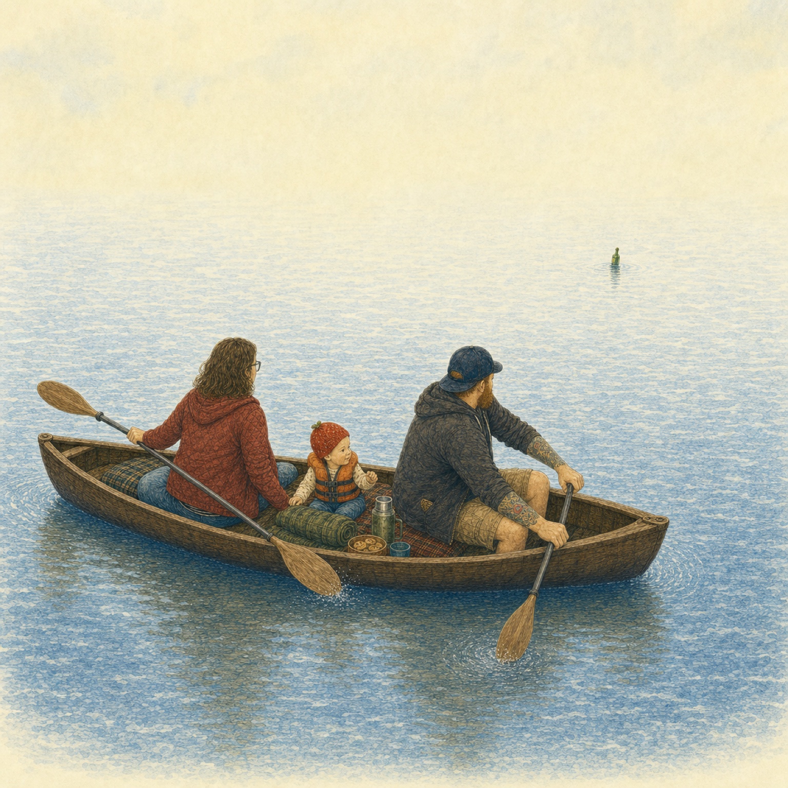 A later illustration with everyone inside the boat but physically implausible paddles