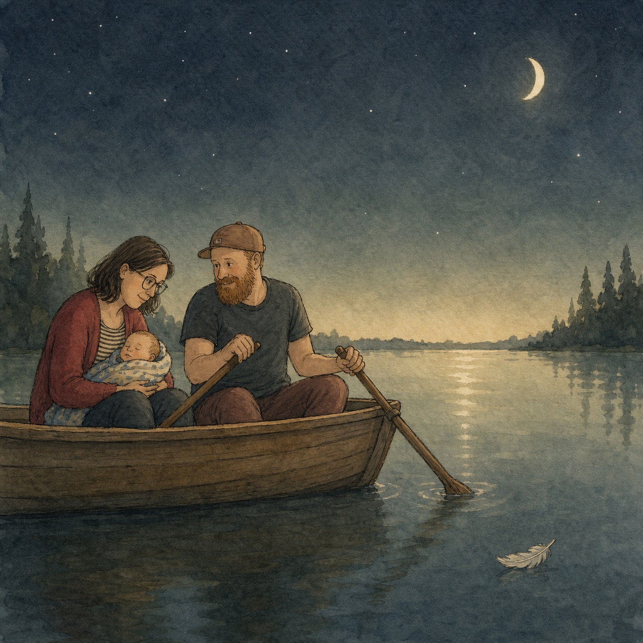 An early illustration of a family in a rowing boat with a problematic paddle position
